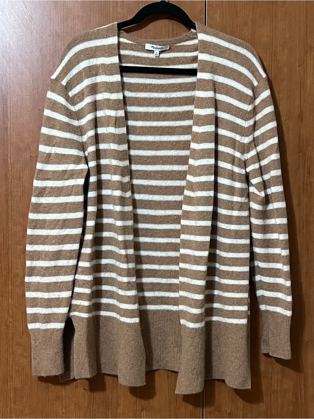 Madewell Sweater Open Cardigan Tan Striped Merino Wool Alpaca Blend Cozy Size M